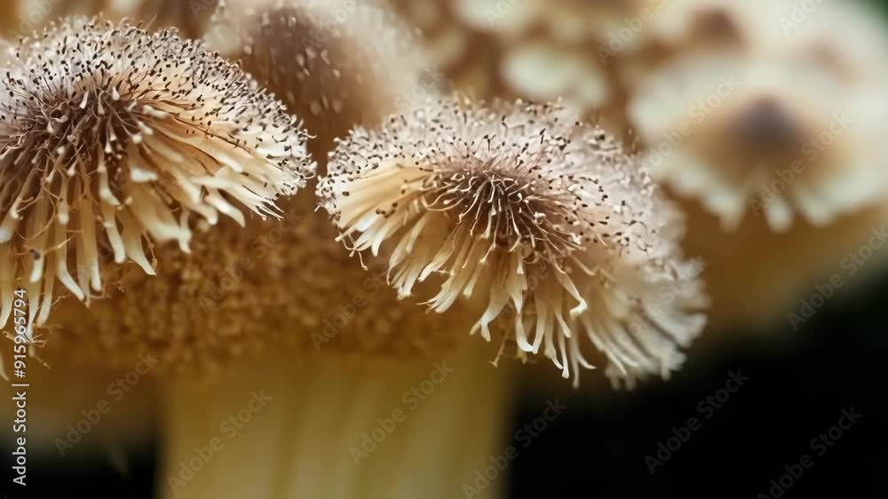 Poster The delicate frills and intricate patterns of a mushrooms sporeproducing surface captured in an extreme closeup shot as a gentle breeze blows through and disperses the spores.
