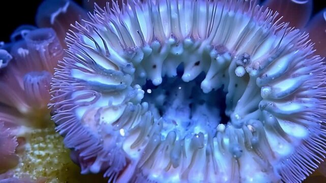 An extreme closeup of a sea anemones mouth surrounded by rows of tiny sharp teeth as it devours its latest meal.