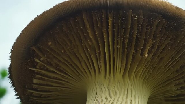 The underside of a large domeshaped mushroom covered in rows of gills which suddenly puffs out a cloud of dustylooking spores.