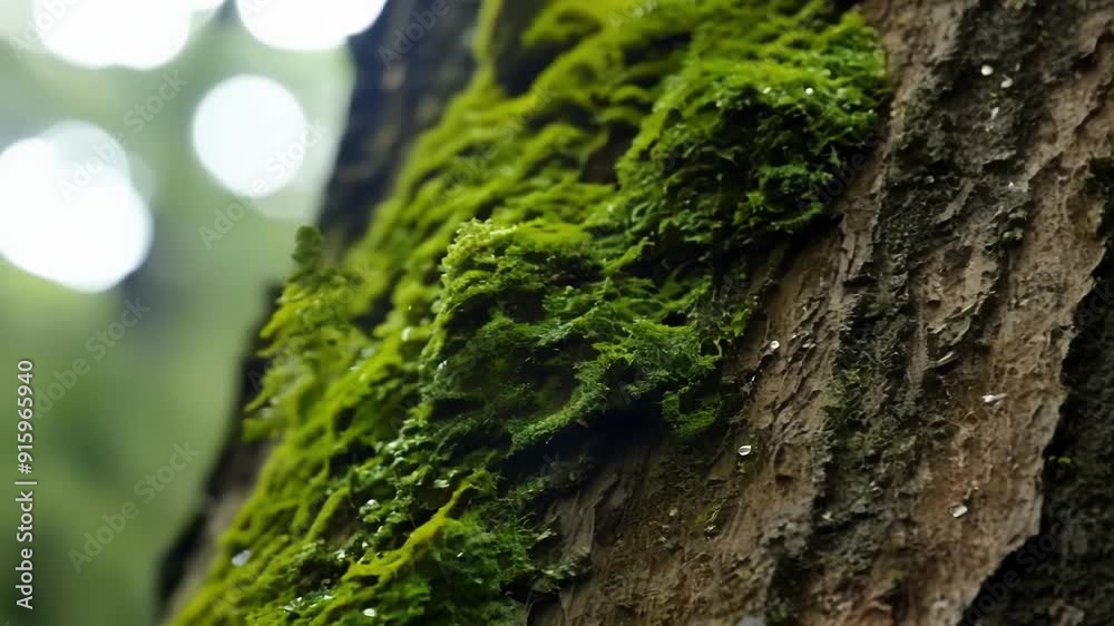 Poster closeup of delicate moss peeking out from between cracks in the gnarled bark of an old tree showcasi