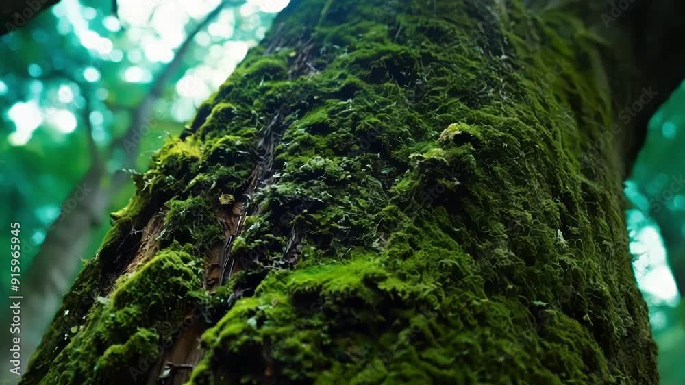 Poster A slow pan of fuzzy moss overtaking the entire surface of a decaying tree trunk transforming it into a lush living canvas.