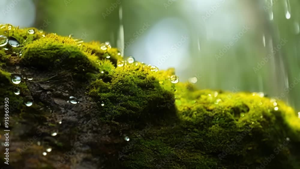 Poster a macro shot of vibrant green moss with droplets of dew sparkling on its surface bringing life and c