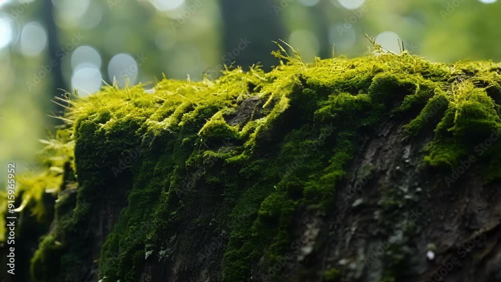 Poster detailed view of deep green and emeraldcolored moss slowly spreading its way across a trees bark cre