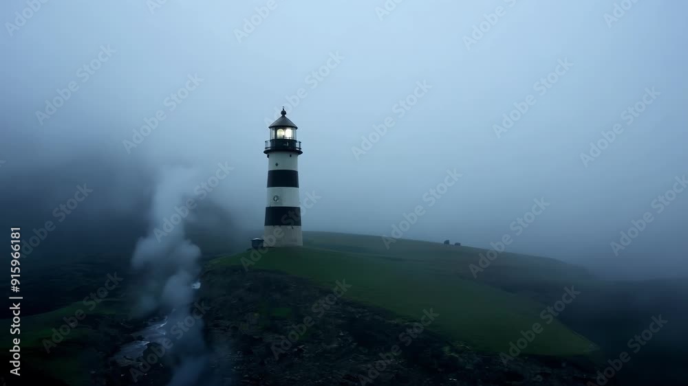 Aufkleber The light from a lighthouse struggling to trate through the dense fog creating a moody and eerie atmosphere.
