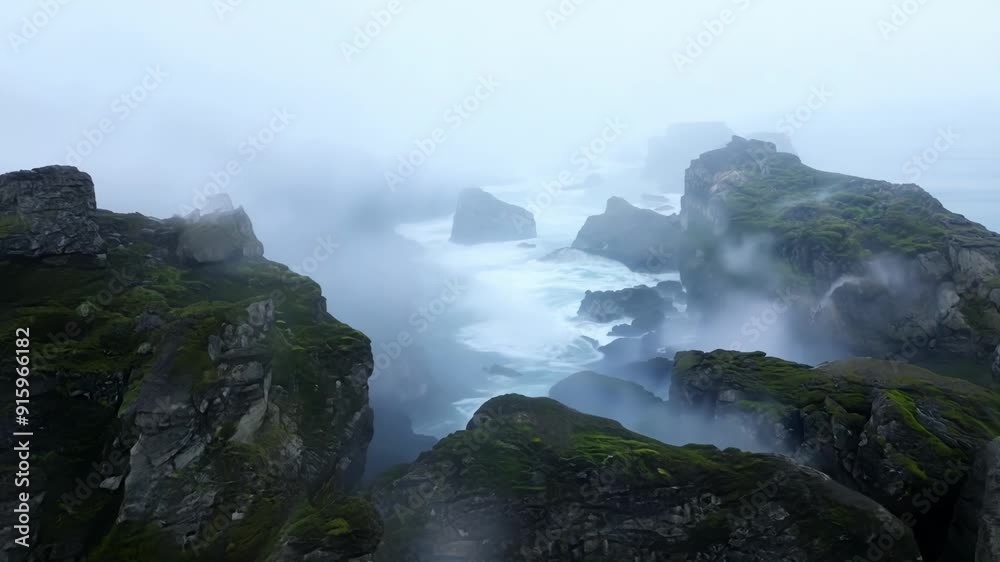 Poster wispy tendrils of fog swirling around a rocky coastline creating a mystical and otherworldly feel.