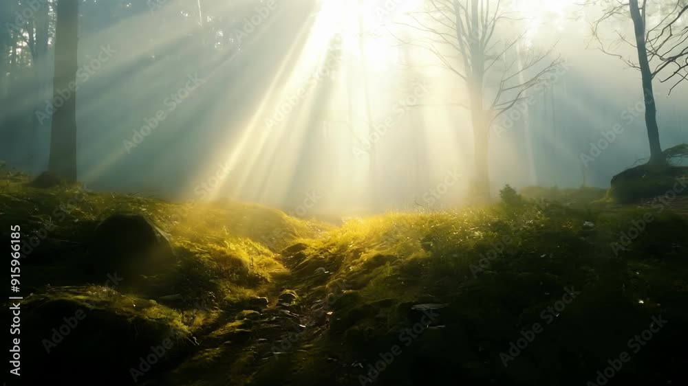 Poster the sun breaking through the fog casting dramatic rays of light and shadows over a quiet forest.