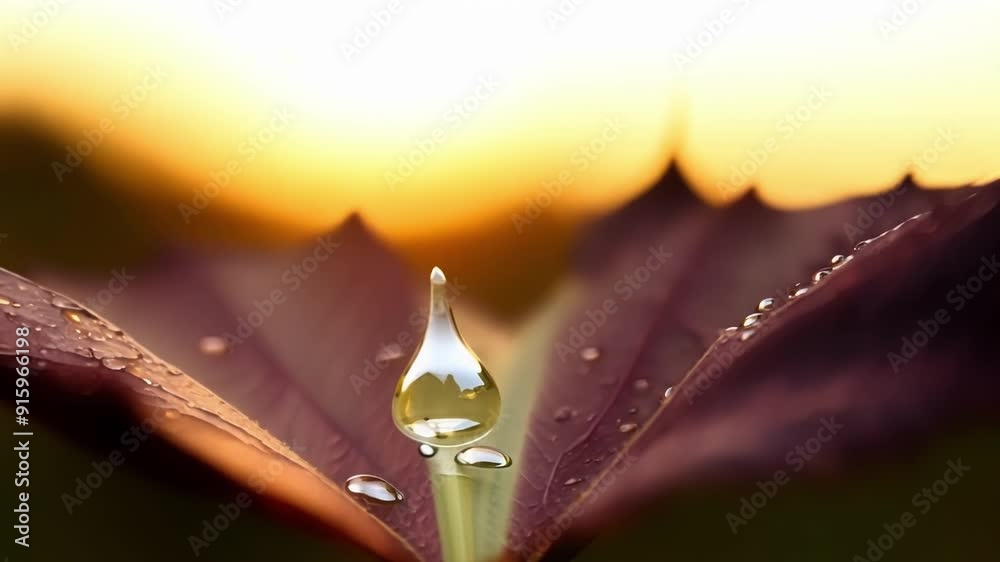 Poster small droplets of dew cling to the edges of a leaf that has begun to turn a deep shade of burgundy a
