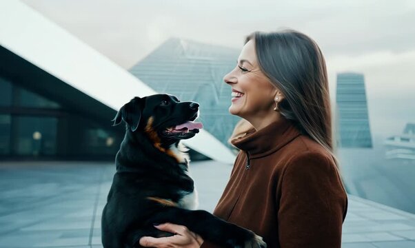 Pet portrait video of a pleased woman in her 50s wearing a warm parka against a modern architectural background