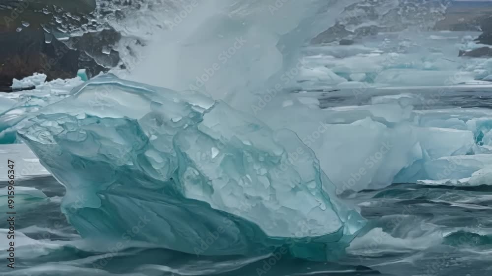 Poster Closeup footage of two large sheets of ice colliding with each other in the river causing a loud cracking and splashing sound.
