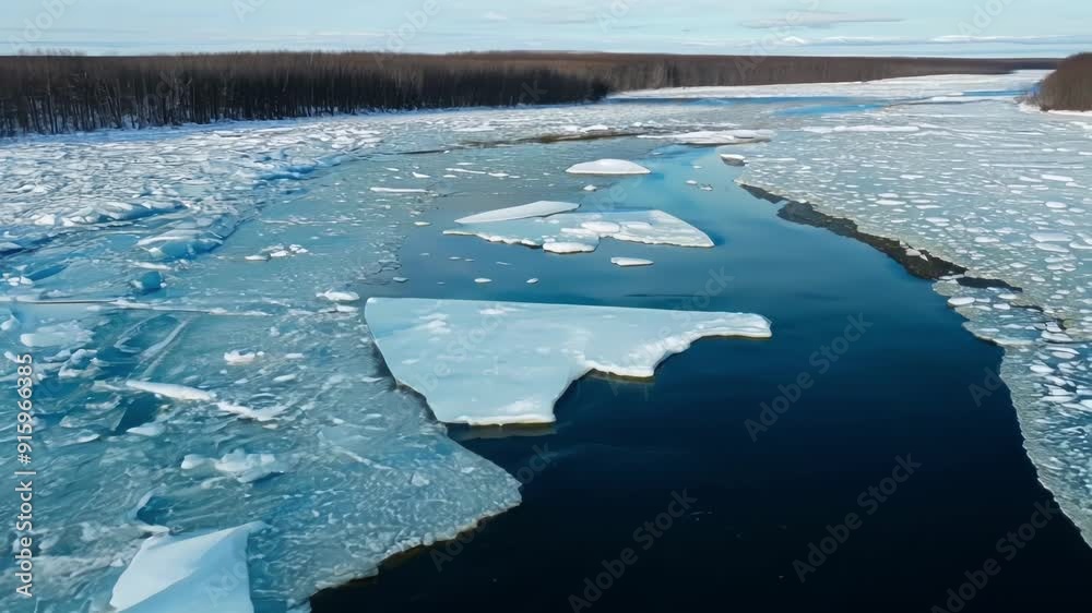 Poster An aerial view of a river with chunks of ice breaking off the shoreline and melting as they float downstream.