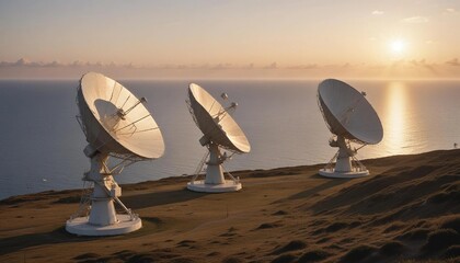 huge satellite dishes at the open field and sky	
