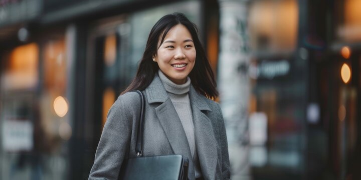 City, celebration, or Japanese lady celebrating work promotion, success, or Professional, joyful winner, or streetwalker with ambition, enthusiasm, or professional advancement and smile and thanks