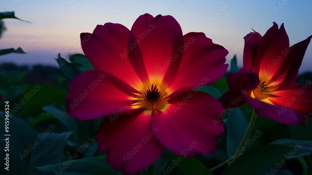 Poster a group of exotic red flowers come to life as the sun sets and the moon takes its place. the deep co