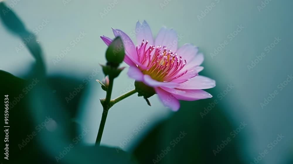 Poster nestled a the leaves a small pink flower slowly awakens its delicate petals unfolding like a butterf