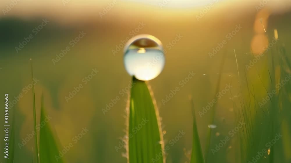 Aufkleber a single drop of water balances on the end of a newly sprouted blade of grass reflecting the light a