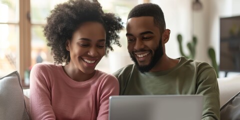 For home movies, subscription shows, and web downloads, couple, relax, or smile with laptop on sofa. The happy man, mixed woman, and computer for online shopping, social media, and streaming