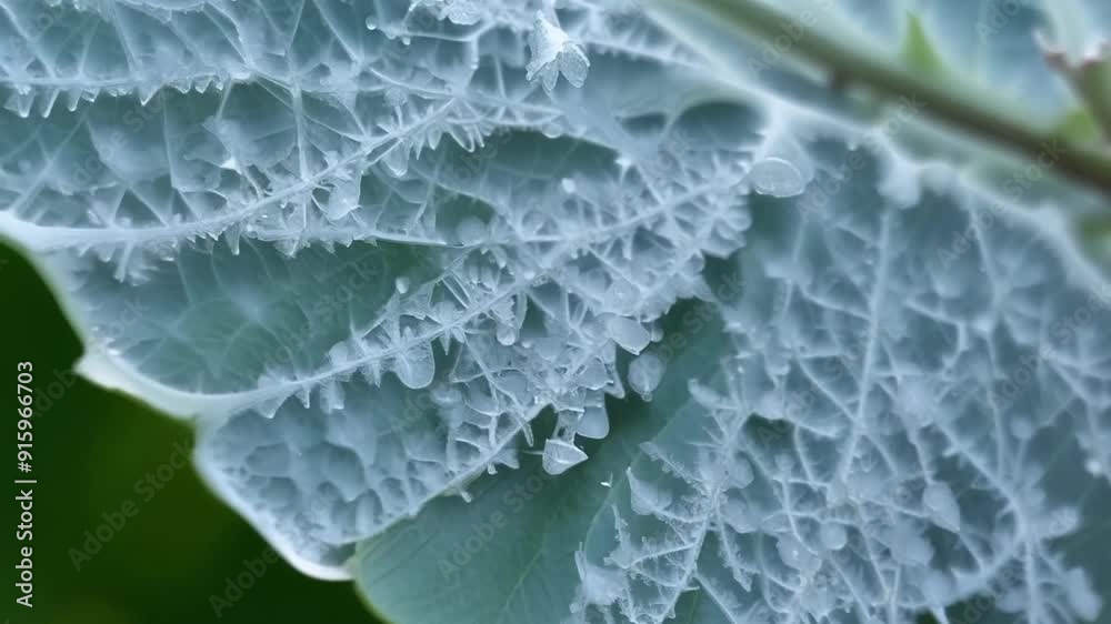 Poster A macro shot of intricate frost patterns forming on the edges of a leaf showcasing the beauty of natures intricate designs.