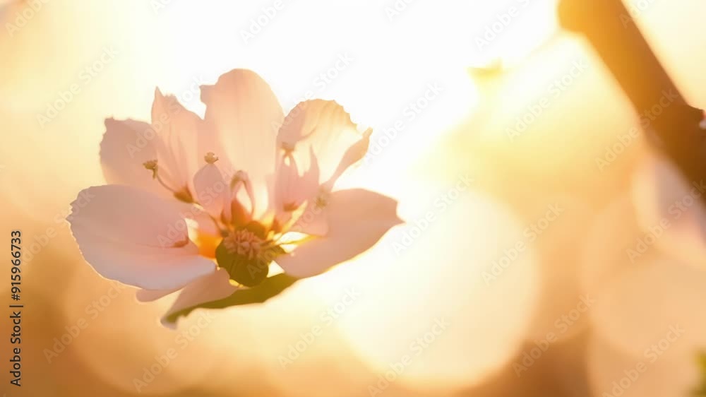 Poster an upclose view of a delicate cherry blossom opening with its soft pink petals gently swaying in the