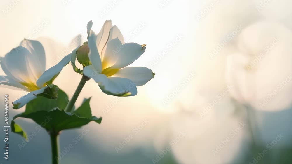Poster An intimate view of a lone fruit blossom gently swaying in the wind with a soft bokeh background of more flowers in various stages of opening.