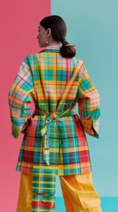 A woman in a colorful plaid outfit poses against a bright background