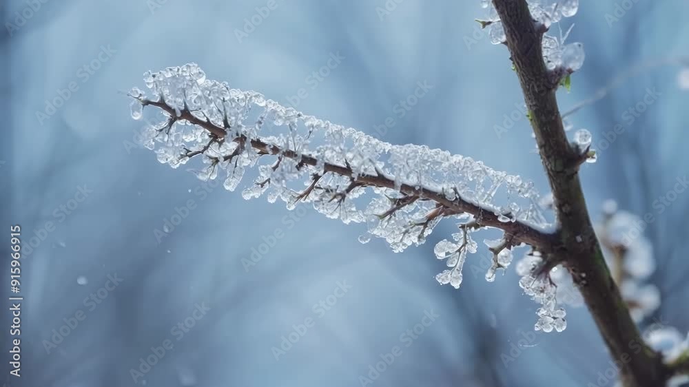 Poster a closeup of frost forming on a branch as delicate ice crystals gradually coat the once twigs in a s