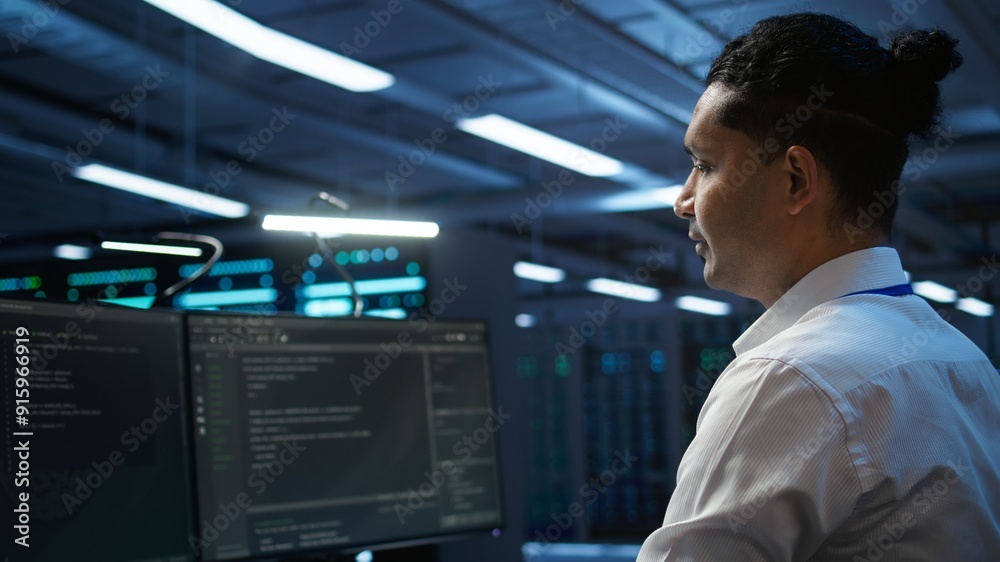 Poster data center system administrator responsible for installation of networking equipment solving tasks.