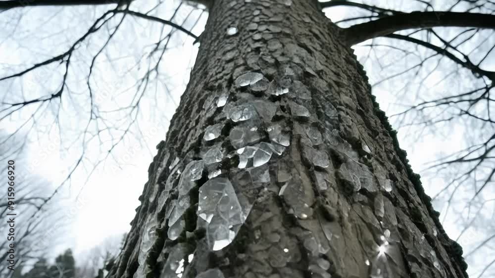 Poster ice crystals forming on a tree trunk creating a magical winter wonderland scene with the glistening 