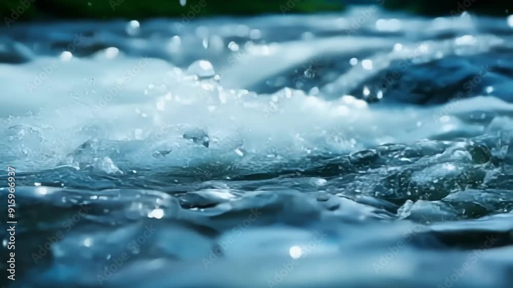 Poster In slow motion tiny water droplets dance on the surface of a rapidly moving stream showcasing the power and dynamism of water flow.