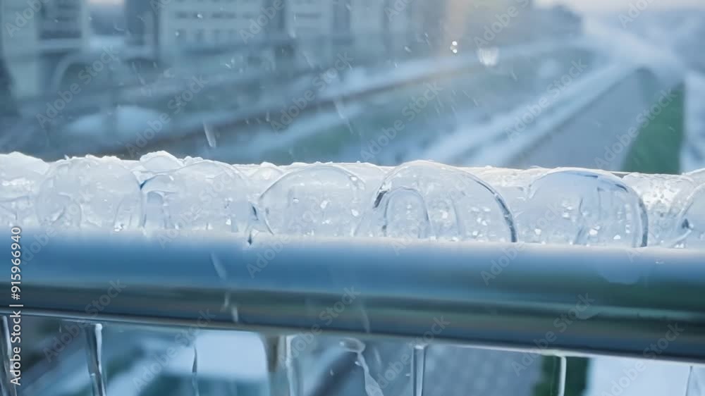 Poster closeup footage of ice crystals forming on a metal railing transforming it into a sparkling work of 