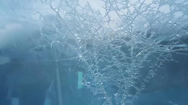 A timelapse of a frozen window revealing the gradual formation of ice crystals with each frame showing the incremental growth and transformation.