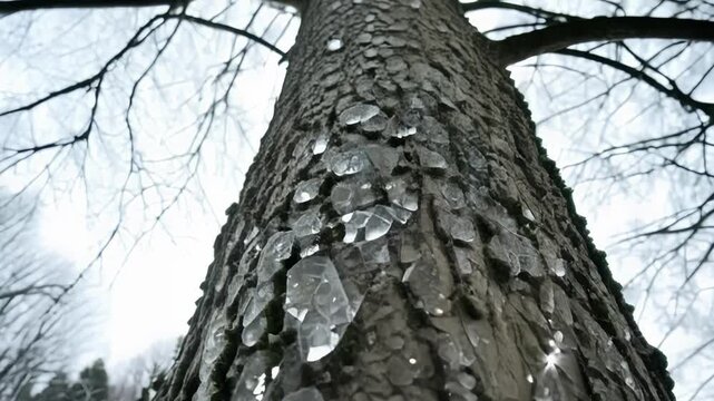 Ice crystals forming on a tree trunk creating a magical winter wonderland scene with the glistening crystals ling in the sunlight.