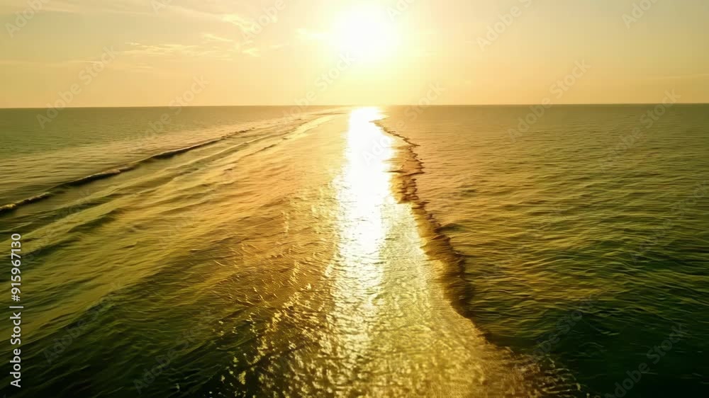 Poster the suns reflection on the ocean appearing as a trail of glittering gold leading towards the horizon