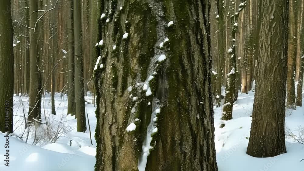 Poster footage of a small stream of water trickling down a tree trunk as the snow around it begins to melt.