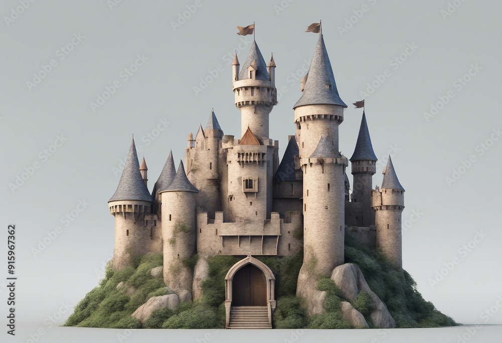 Wall mural 3D cartoon Medieval castle towers Fairytail mansion exterior king fortress castles isolated on white