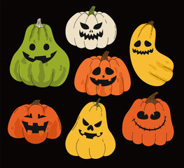 Set of Halloween pumpkins of different colors and shapes. Flat vector illustration.