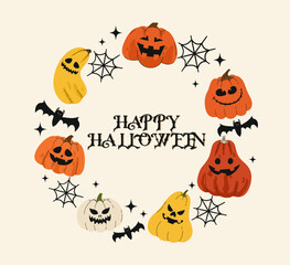 Halloween card on a white background. Image of pumpkins, bats, cobwebs. Flat vector illustration.