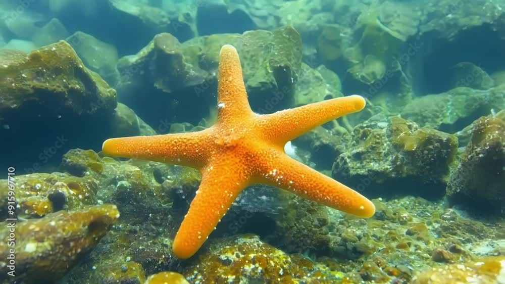 Poster closeup footage of a starfish gracefully gliding along the bottom of a rock pool as the water level 