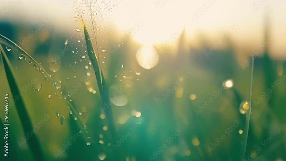 Poster A patch of grass covered in sparkling dew drops disappearing one by one as the suns warmth dries them up.