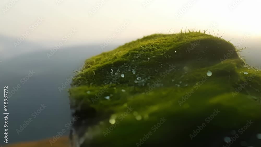 Poster A mossy rock decorated with a fine layer of dew gradually transforming into a dry surface as the morning progresses.