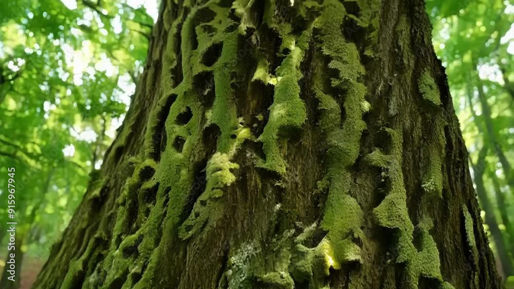 Poster a low angle shot capturing lichens spreading out from the nooks and crannies of a tree as if its slo