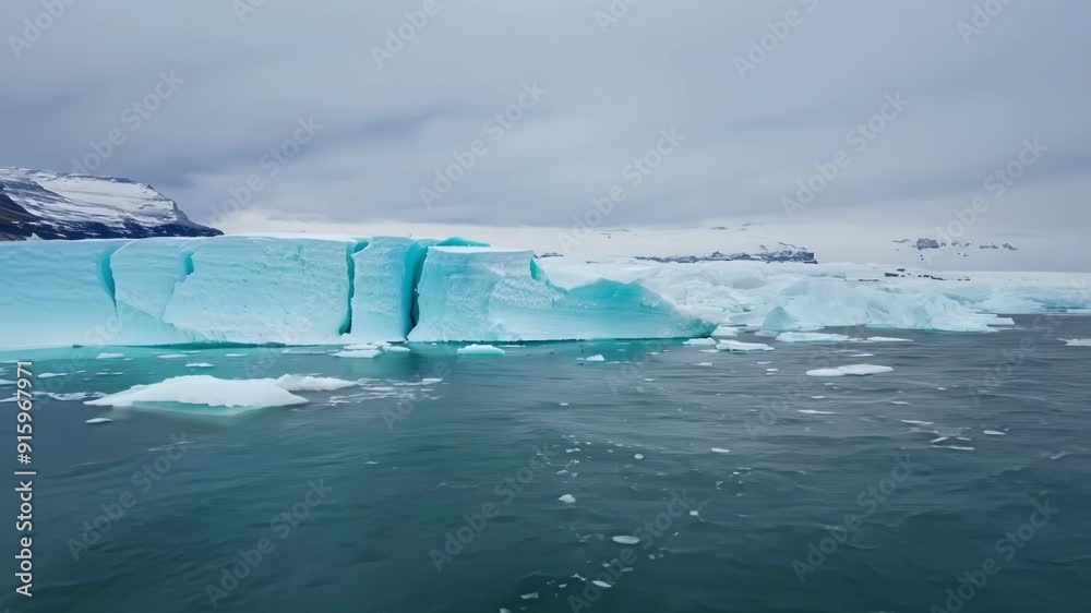 Poster A timelapse clip capturing the gradual melting of an iceberg as small chunks of ice break off and fall into the frigid ocean below.