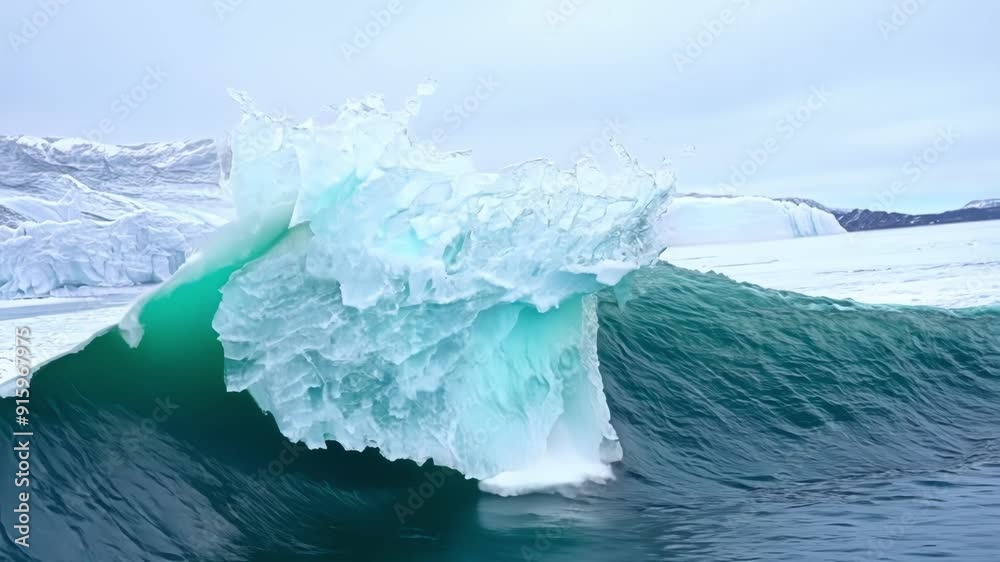 Poster a slowmotion clip of a large section of iceberg breaking off and plunging into the water with a loud