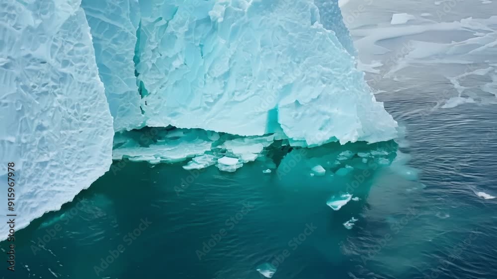 Poster an intimate view of an icebergs jagged edges as they crumble and melt into the calm ocean around the