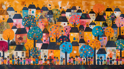 A vibrant painting of a quaint village with scattered houses, colorful trees, and people in a line at the bottom - Generative AI