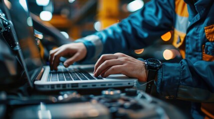 Auto diagnostics - mechanical technician employing laptop for car maintenance programming, integration of computer technology in vehicle service, emphasizing accuracy and modern repair methods
