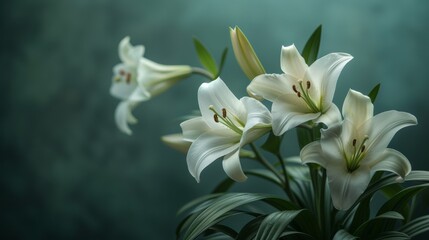 Obraz premium Beautiful white lilies displayed elegantly against a soft, blended background, perfect for nature and floral-themed designs.