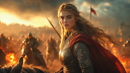 Warrior princess on armored horse, spear ready, amidst chaotic battle.generative ai