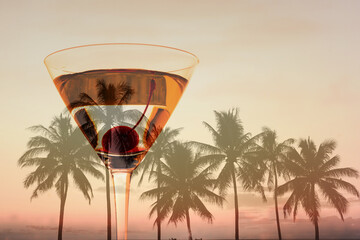 Martini drink on a tropical sunset background 