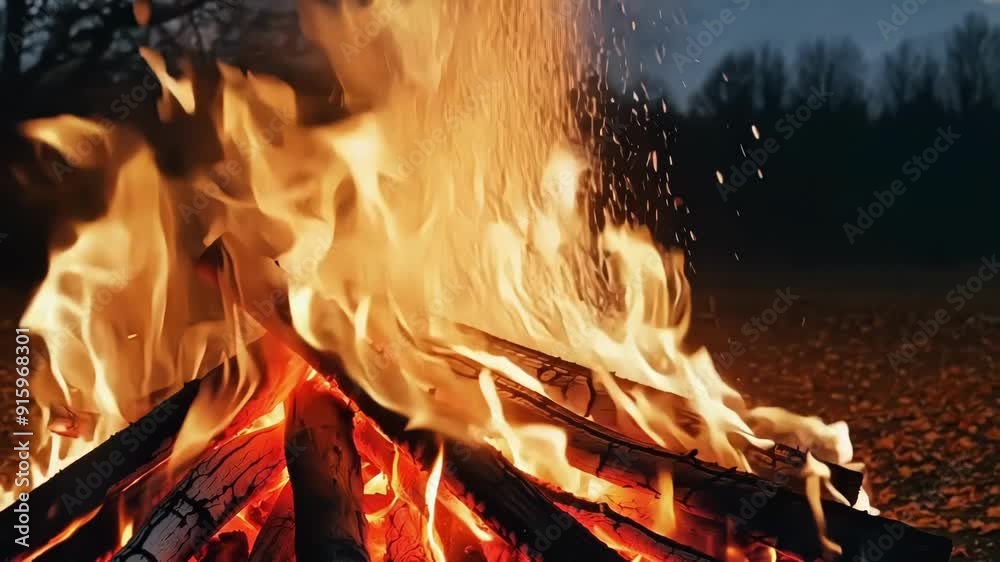 Poster the crackling fire of a bonfire fills the screen as the camera zooms in on the vivid hues of yellow 