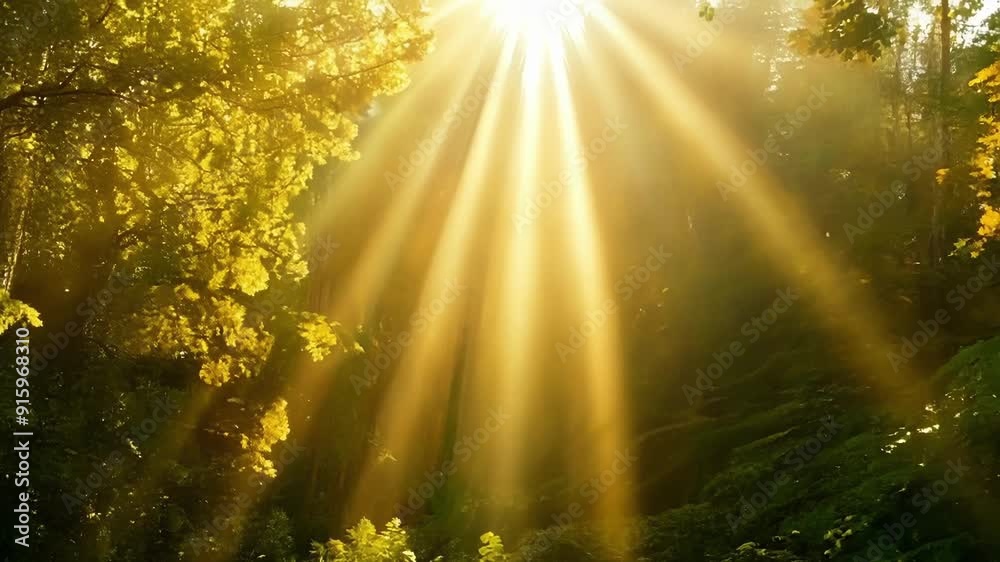 Poster Sunbeams break through the canopy illuminating everything in its path with a warm and radiant glow.